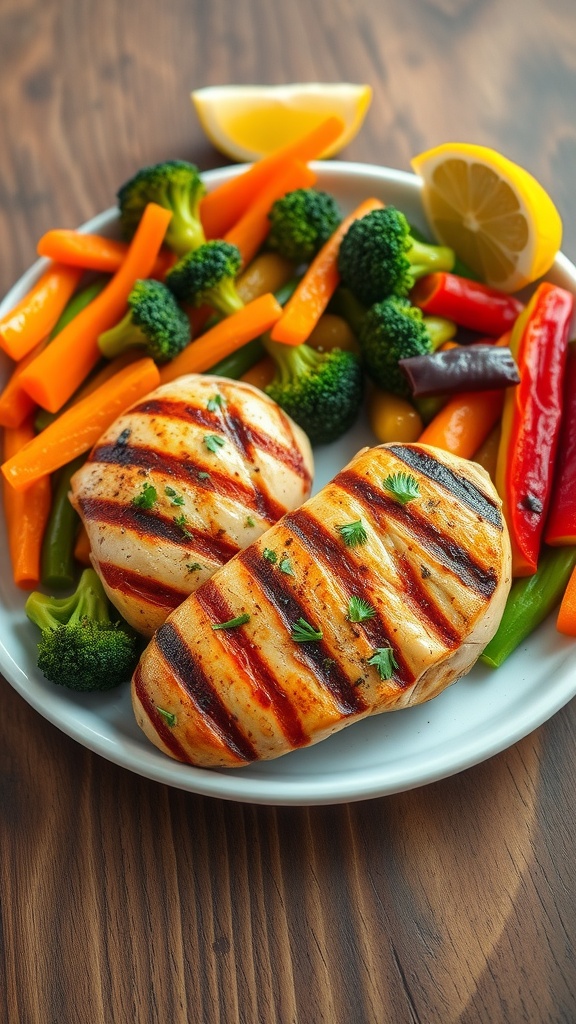 Grilled chicken with herbs and steamed vegetables on a rustic plate, garnished with lemon.